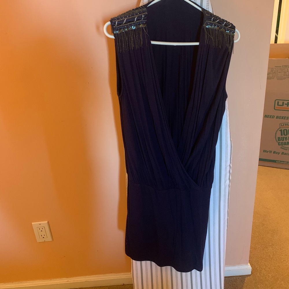 Navy blue dress with shoulder detail